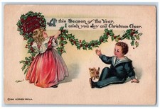 Christmas Greeting Little Girl Boy Dog Toy Decorate Holly Hoover Phila Postcard