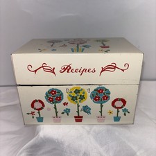 Vintage Japan Metal Recipe Card Box Off White Tin Hand Painted Floral Topiaries