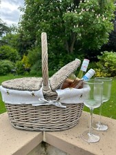 Bumblebee Picnic Basket & Lid Hamper Bee Lined Grey-wash Double Lidded Vintage