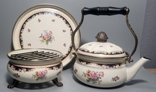 Vintage 1960's Asta Fissler Enamelware 3 Piece Set include Kettle Warmer & Tray 