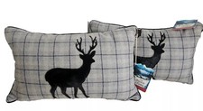 NWT The Alpine Chalet 20” 2 pc SET Lumbar Pillow Grey Plaid Genuine Leather DEER