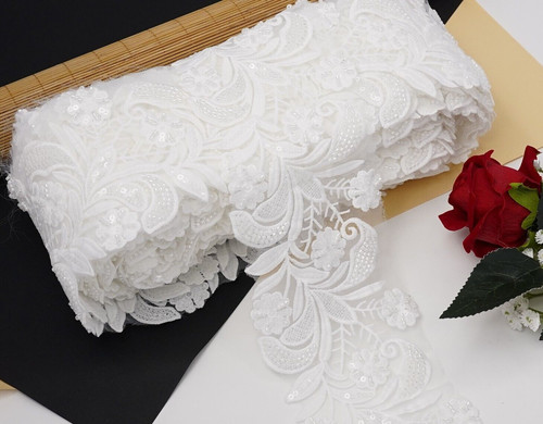 White beaded sequin lace trim - beaded,