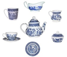 CHURCHILL BLUE WILLOW SUGAR TRAY GRAVY BOAT DINNER CHINA PLATES MUG CREAMER JUG 