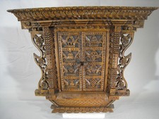 Vintage Hand Carved Wood Hindu Wall Shrine Temple Altar Ornate Floral 17" Decor