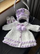 NEW BABY GIRL COAT  BONNET BOOTEE CROCHET HANDMADE REBORN ROMANY 0 TO 3 MONTH