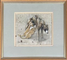 Angela Mulliner (British, 20th Century) : Greyhound Pups Feeding, signed gouache