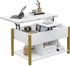 4in1 Lift Top Coffee Table with Storage Drawers Dining Table Convertible White