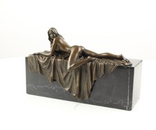 Signed Bronze Nude Woman Sculpture Lying On Black Marble Base