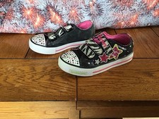 Skechers Twinkle Toes Size 1 US Girls Black Pink Stars Sneakers EUC Light Up