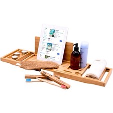Bamboo Bath Caddy Extendable Tray Bathtub Storage Home Spa iPad Wine Holder Rack