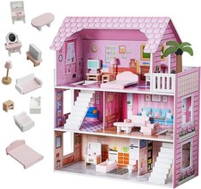 Kids Wooden Dolls House with Furniture and Accessories 3 Story Play House - Pink
