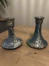 OOAK Handmade Studio Pottery Pair Candlesticks  Green Mottled Glaze Makers Mark 