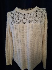 FALMER HERITAGE Women's Cable Knit Cream Jumper White Lace Detail Size Medium