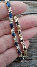 18Ct Oval Cut Sapphire & Diamond Women's Tennis Bracelet In 14K Yellow Gold Ove