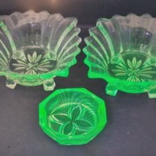 Art deco Three Pressed Uranium Vaseline Glass Dishes