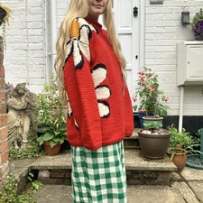 Vintage M Daisy Jumper Red Handknit Handmade Floral Pachamama