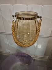 Smoked Glass Tea Light Hurricane Lantern CrackedPattern Rope Handle 7.5 high.