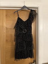 Forever Unique Black & Silver Sparkly Polka Dot Spot Tiered Ruffle Mini Dress 10