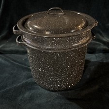 Vintage Granite Ware Blancher / Enamelware Stew Or Stockpot 3 Piece Set Black