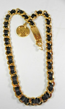 Vintage Chain Belt #1054c CHANEL Gold Plated Black Leather CC Logos Coin 28"