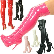 Ladies Black Red Over The Knee Thigh High Heel Stiletto Platform Stretch Boots
