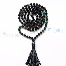 Black Agate Lava Stone Round Gems Tibet Buddhist 108 Prayer Beads Mala Necklace