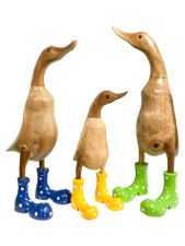 Hand Carved Duck Ornament with Flower Wellies / Boots Colours Green Yellow Blue