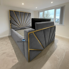 Luxury TV Bed with Built-In Lift – Elegant Grey Velvet & Gold Accents