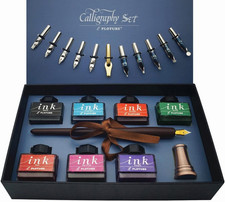Calligraphy Pen Set with Wooden Dip Pen, Brass Holder, 11 Nibs, 7 Ink Bottles