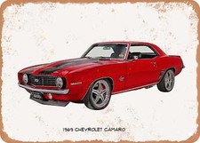 Classic Car Art - 1969 Chevrolet Camaro And Oil Painting - Rusty Look Metal Sign