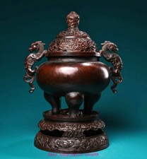 11" China Dynasty Pure Bronze Fengshui Dragon Beast 3 Leg Incense Burner Censer