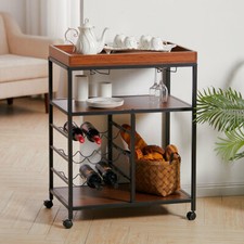 Walnut Wooden Drinks Storage Trolley Kitchen Tea Serving Cart Display Wine Rack