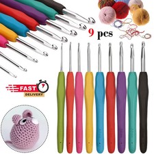 9Pcs Crochet Hooks Set Soft Grip Handles Knitting Aluminium Needles Multi Color
