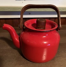 Vintage Red Enamel Ware Tea Pot Kettle