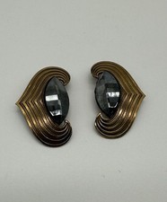 ERMANI BULATTI Signed Art Deco Style Faceted Hematite Bronze Clip Earrings