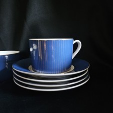 Vintage Cottagecore Blue & Gold Porcelain Tea Cups & Saucers Set