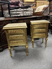 Pair Louis XVI French Gilt Gilded Marble Top Bedside Lamp Tables Chests