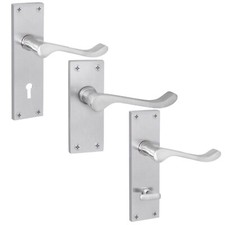 Door Handles SATIN CHROME Victorian Scroll Bathroom Latch Key Lock Sets