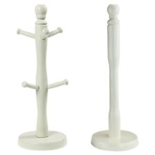 Mug Tree 6 Hooks & Paper Towel Holder Set Wooden Cream Free Standing Kitchen