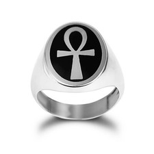 Silver Black Enamel Egyptian Ankh Cross Oval Signet Ring
