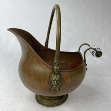VTG Copper & Brass Coal Scuttle Ash Bucket w/ Delft Blue Ceramic & Lion Handle