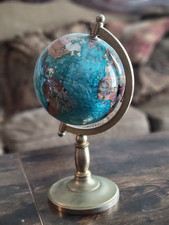 Vintage Semiprecious Multicolor Gem World Globe on Brass Stand Bright