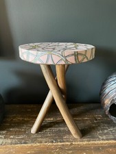 UPCYCLED TEAK WOOD  STOOL SIDE TABLE DECOUPAGE IN SEALED PINK VERSACE WALLPAPER