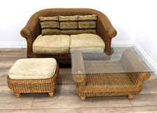 SOFA 2 Seater Wicker Weave Rattan Cane Conservatory Stool Glass FREE DELIVERY