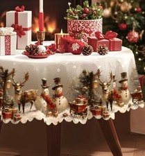 Christmas Large Vintage Festive Snowman & Reindeer Tablecloth 152cm/60inch