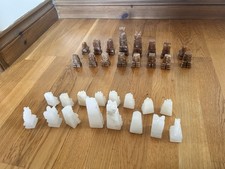 Hand Carved Large Aztec Marble Quartz Onyx White & Brown Chess Pieces - No board
