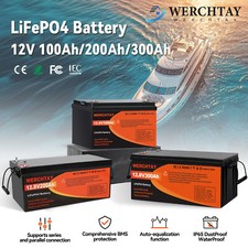 12V 300Ah 100Ah Lithium LiFePO4 Battery BMS 15000+ Deep Cycles Rechargeable
