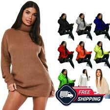 Women Polo Neck Knitted Jumper Ladies Chunky High Roll Baggy Oversized Top Dress