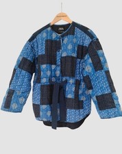 Zara XS Quilted Patchwork Jacket Blue Belted Relaxed Casual Autumn Winter 