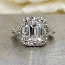 3.45 Ct Emerald Cut Moissanite Trio Set Engagement Ring In 14K White Gold Plated